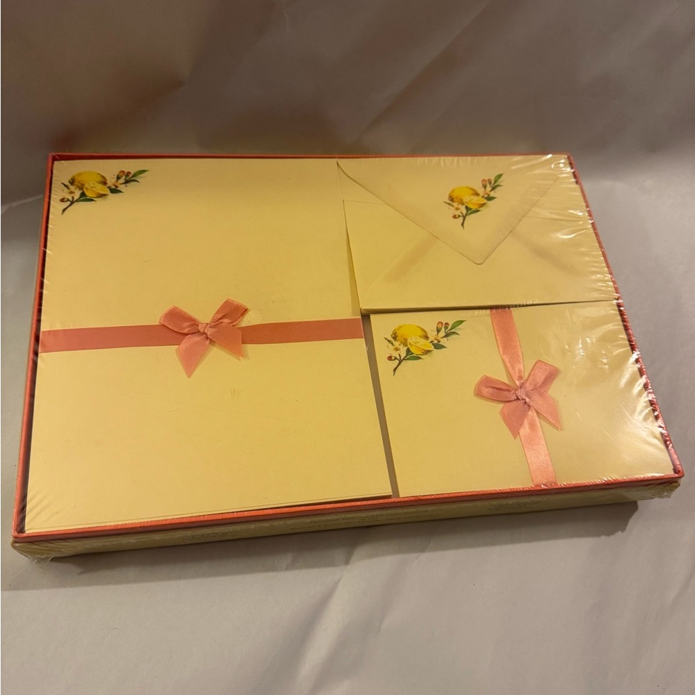 Elegant Vintage Yellow Lemon Stationery Set with Pink Ribbon